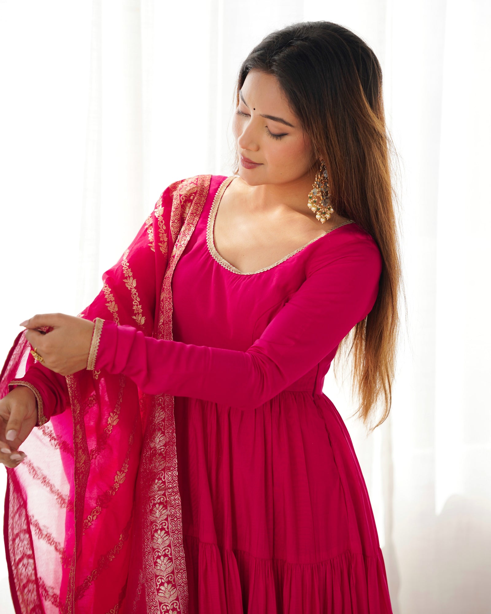 Pink Elegant Festive Pure Romansilk Chanderi Anarkali Suit with Banarasi Dupatta