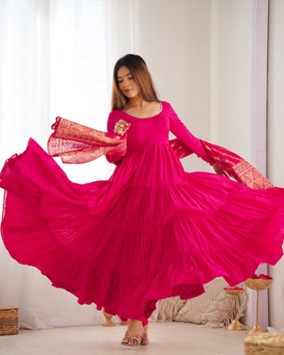 Pink Elegant Festive Pure Romansilk Chanderi Anarkali Suit with Banarasi Dupatta