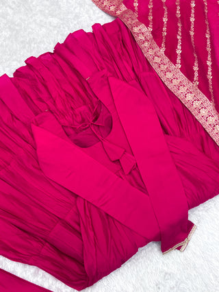 Pink Elegant Festive Pure Romansilk Chanderi Anarkali Suit with Banarasi Dupatta