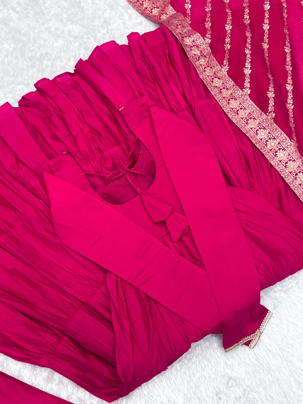 Pink Elegant Festive Pure Romansilk Chanderi Anarkali Suit with Banarasi Dupatta