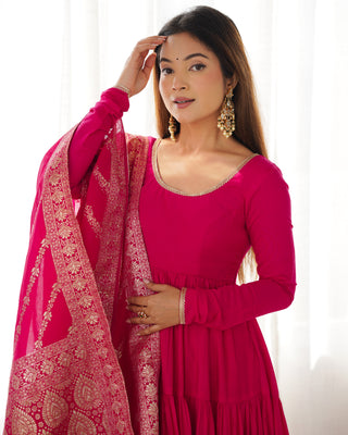Pink Elegant Festive Pure Romansilk Chanderi Anarkali Suit with Banarasi Dupatta