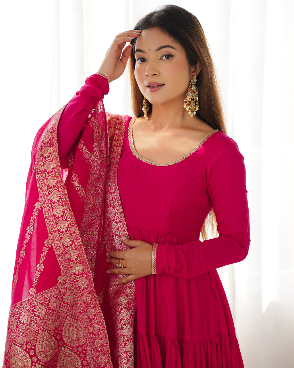 Pink Elegant Festive Pure Romansilk Chanderi Anarkali Suit with Banarasi Dupatta