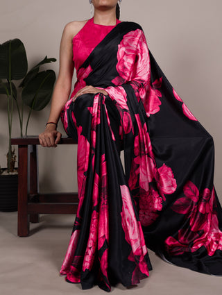 Pink Elegant Floral Print Satin Silk Saree with Plain Banglory Blouse Piece ClothsVilla