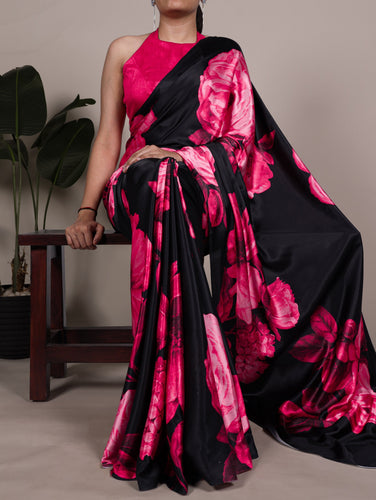 Pink Elegant Floral Print Satin Silk Saree with Plain Banglory Blouse Piece ClothsVilla