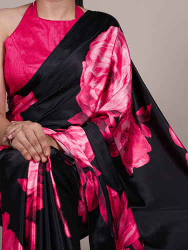 Pink Elegant Floral Print Satin Silk Saree with Plain Banglory Blouse Piece ClothsVilla