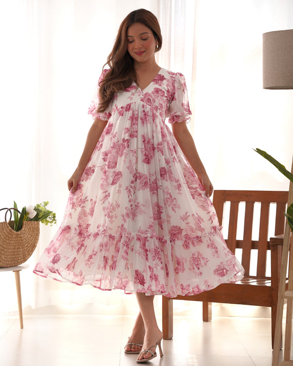 Pink Elegant Floral Print Soft Georgette One-Piece Dress – Fully Stitched & Ready to Wear
