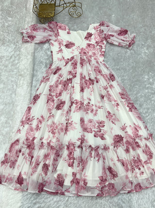 Pink Elegant Floral Print Soft Georgette One-Piece Dress – Fully Stitched & Ready to Wear