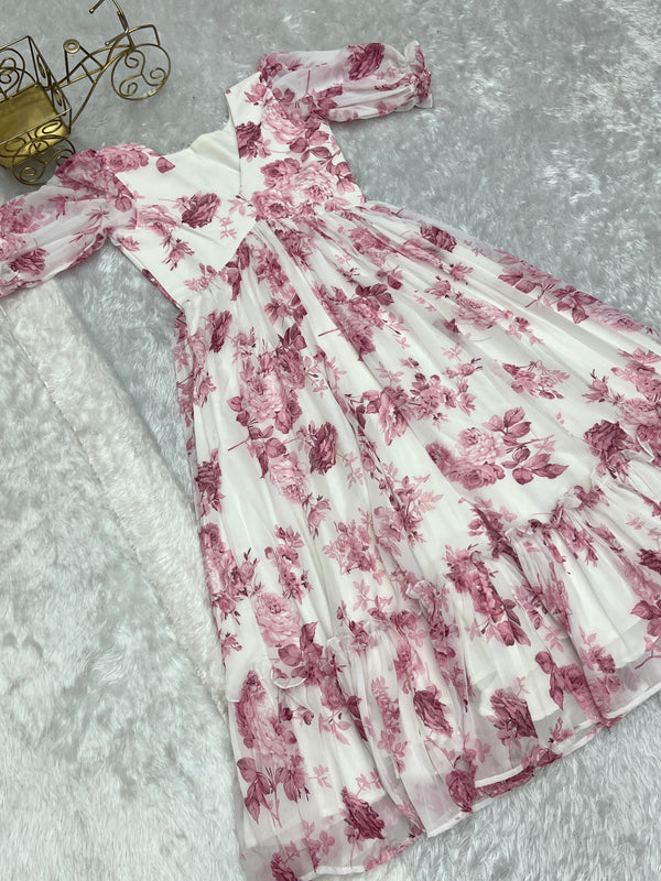 Pink Elegant Floral Print Soft Georgette One-Piece Dress – Fully Stitched & Ready to Wear