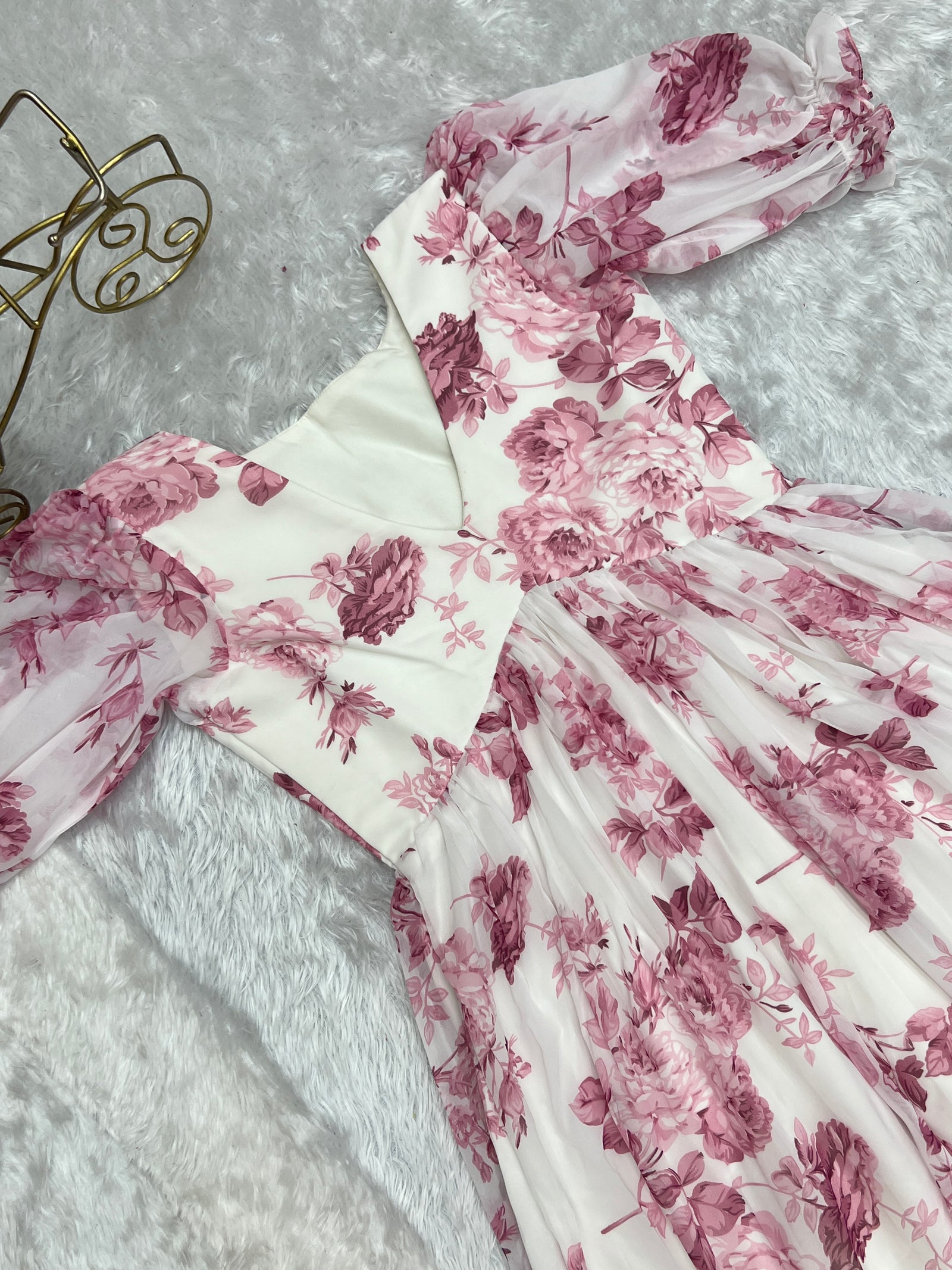 Pink Elegant Floral Print Soft Georgette One-Piece Dress – Fully Stitched & Ready to Wear