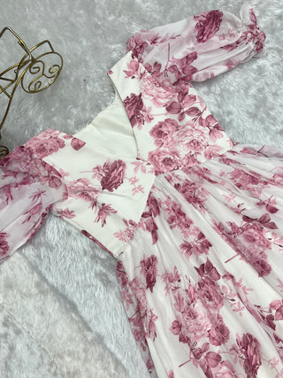 Pink Elegant Floral Print Soft Georgette One-Piece Dress – Fully Stitched & Ready to Wear