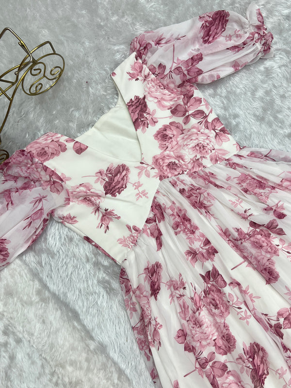 Pink Elegant Floral Print Soft Georgette One-Piece Dress – Fully Stitched & Ready to Wear