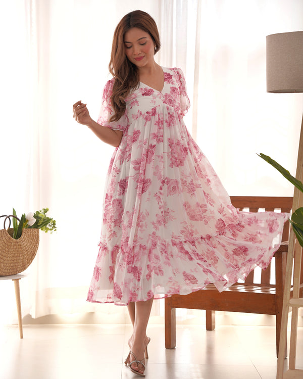 Pink Elegant Floral Print Soft Georgette One-Piece Dress – Fully Stitched & Ready to Wear