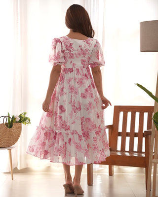 Pink Elegant Floral Print Soft Georgette One-Piece Dress – Fully Stitched & Ready to Wear
