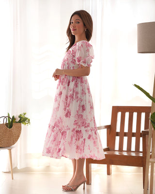 Pink Elegant Floral Print Soft Georgette One-Piece Dress – Fully Stitched & Ready to Wear