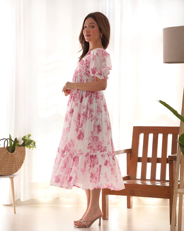 Pink Elegant Floral Print Soft Georgette One-Piece Dress – Fully Stitched & Ready to Wear