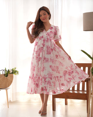 Pink Elegant Floral Print Soft Georgette One-Piece Dress – Fully Stitched & Ready to Wear