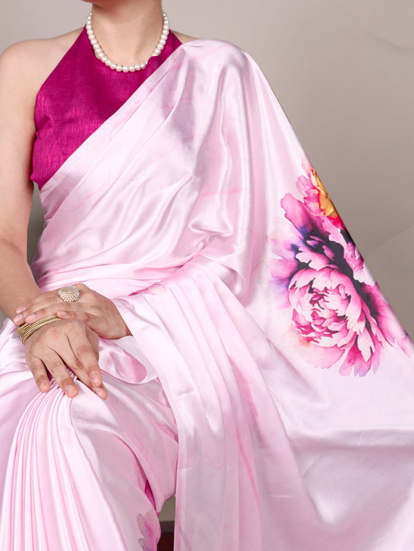 Pink Elegant Floral Printed Satin Silk Saree with Mono Benglory Blouse Piece ClothsVilla