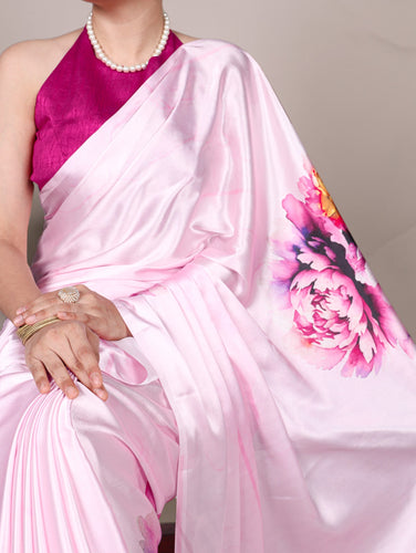Pink Elegant Floral Printed Satin Silk Saree with Mono Benglory Blouse Piece ClothsVilla