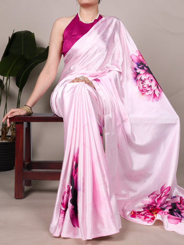 Pink Elegant Floral Printed Satin Silk Saree with Mono Benglory Blouse Piece ClothsVilla