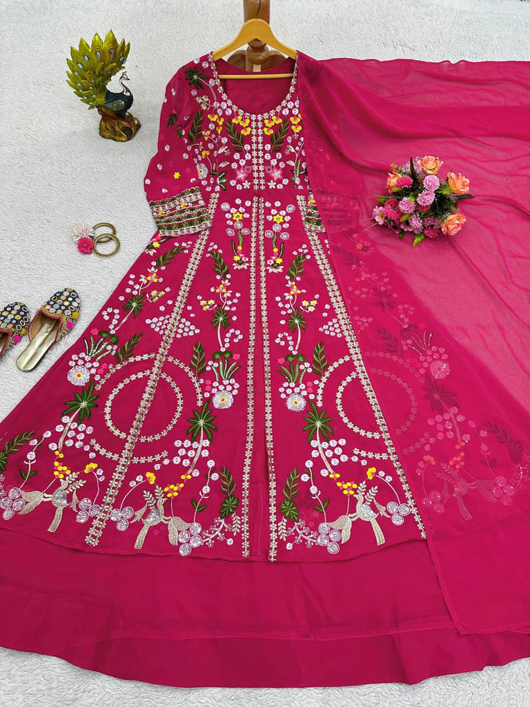 Pink Elegant Fox Georgette Lehenga Set with Full-Stitched Top & Lace Border Dupatta ClothsVilla