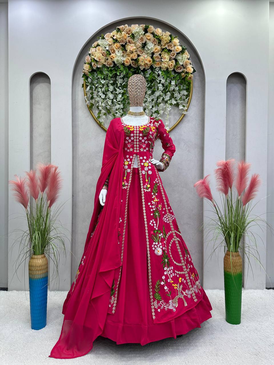 Pink Elegant Fox Georgette Lehenga Set with Full-Stitched Top & Lace Border Dupatta ClothsVilla