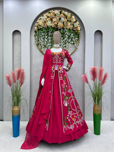 Pink Elegant Fox Georgette Lehenga Set with Full-Stitched Top & Lace Border Dupatta ClothsVilla Main image