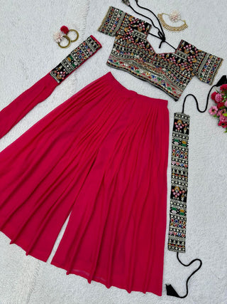 Pink Elegant Fox Georgette Plazo Set with Sequin Choli & Dupatta Waist-Belt Style ClothsVilla