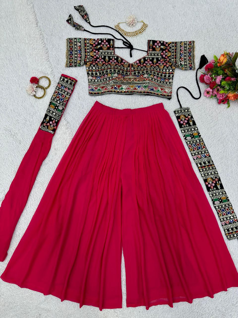 Pink Elegant Fox Georgette Plazo Set with Sequin Choli & Dupatta Waist-Belt Style ClothsVilla