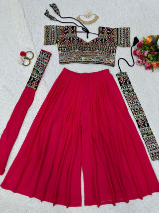 Pink Elegant Fox Georgette Plazo Set with Sequin Choli & Dupatta Waist-Belt Style ClothsVilla
