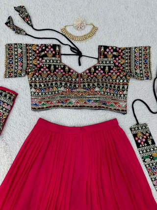 Pink Elegant Fox Georgette Plazo Set with Sequin Choli & Dupatta Waist-Belt Style ClothsVilla