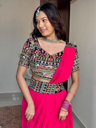 Pink Elegant Fox Georgette Plazo Set with Sequin Choli & Dupatta Waist-Belt Style ClothsVilla
