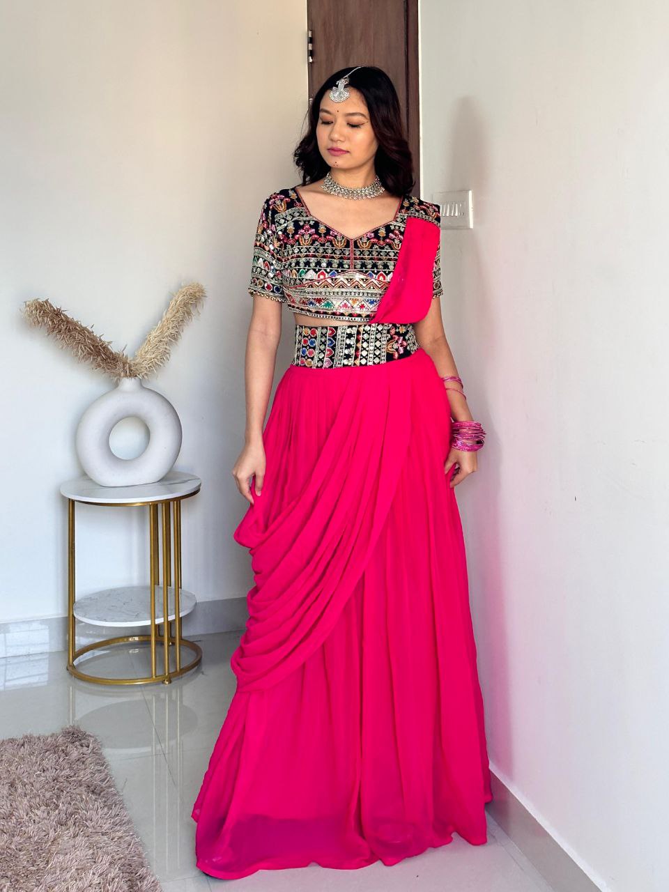 Pink Elegant Fox Georgette Plazo Set with Sequin Choli & Dupatta Waist-Belt Style ClothsVilla