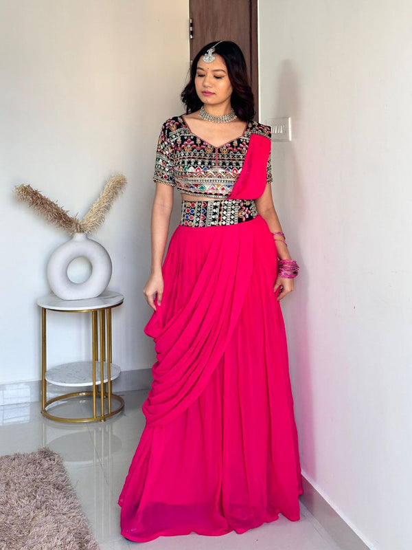 Pink Elegant Fox Georgette Plazo Set with Sequin Choli & Dupatta Waist-Belt Style ClothsVilla