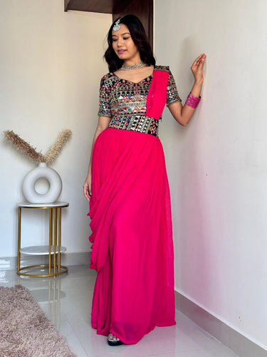 Pink Elegant Fox Georgette Plazo Set with Sequin Choli & Dupatta Waist-Belt Style ClothsVilla