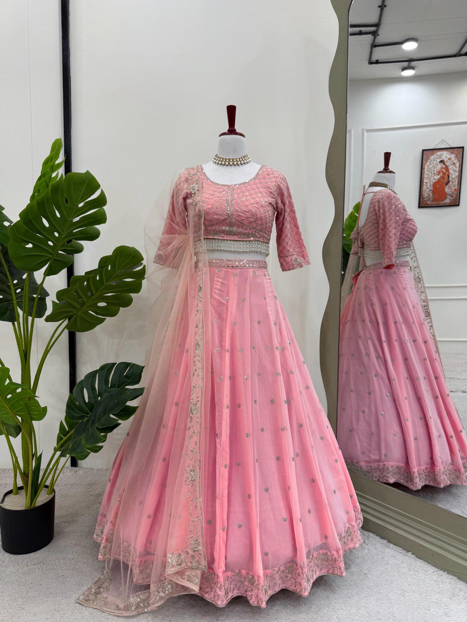 Pink Elegant Fox Georgette Semi-Stitched Lehenga Choli with Sequins & Fancy Dupatta ClothsVilla