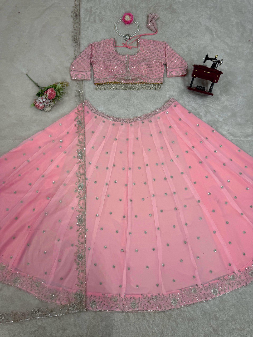 Pink Elegant Fox Georgette Semi-Stitched Lehenga Choli with Sequins & Fancy Dupatta ClothsVilla