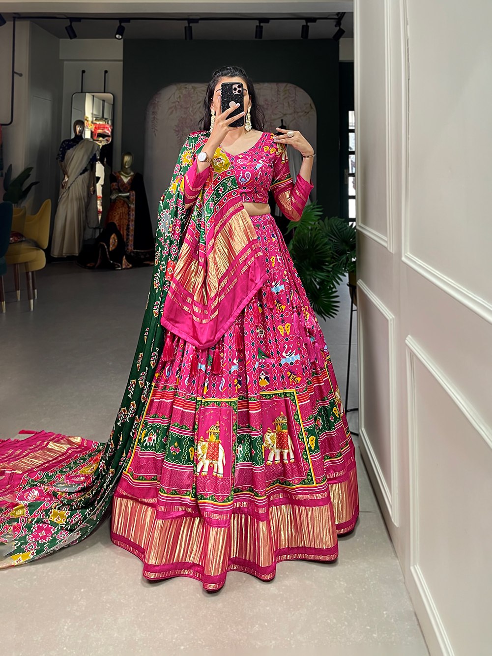 Pink Elegant Gaji Silk Lehenga Set with Digital Print and Tassels – Perfect for Every Occasion