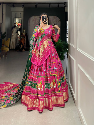 Pink Elegant Gaji Silk Lehenga Set with Digital Print and Tassels – Perfect for Every Occasion