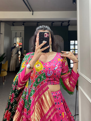 Pink Elegant Gaji Silk Lehenga Set with Digital Print and Tassels – Perfect for Every Occasion