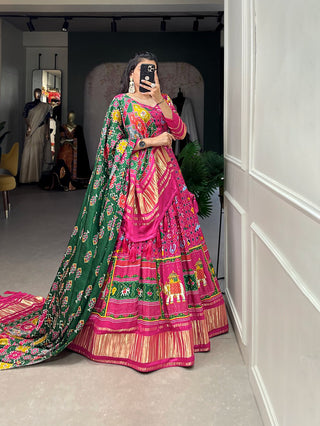Pink Elegant Gaji Silk Lehenga Set with Digital Print and Tassels – Perfect for Every Occasion