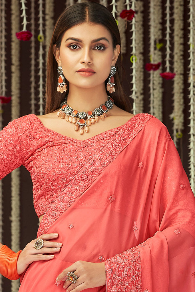Pink Elegant Georgette Embroidered Saree with Sequins Work – Unstitched Blouse Included ClothsVilla