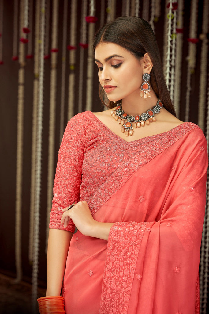 Pink Elegant Georgette Embroidered Saree with Sequins Work – Unstitched Blouse Included ClothsVilla