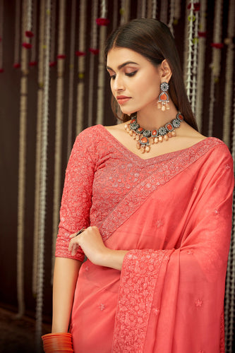 Pink Elegant Georgette Embroidered Saree with Sequins Work – Unstitched Blouse Included ClothsVilla