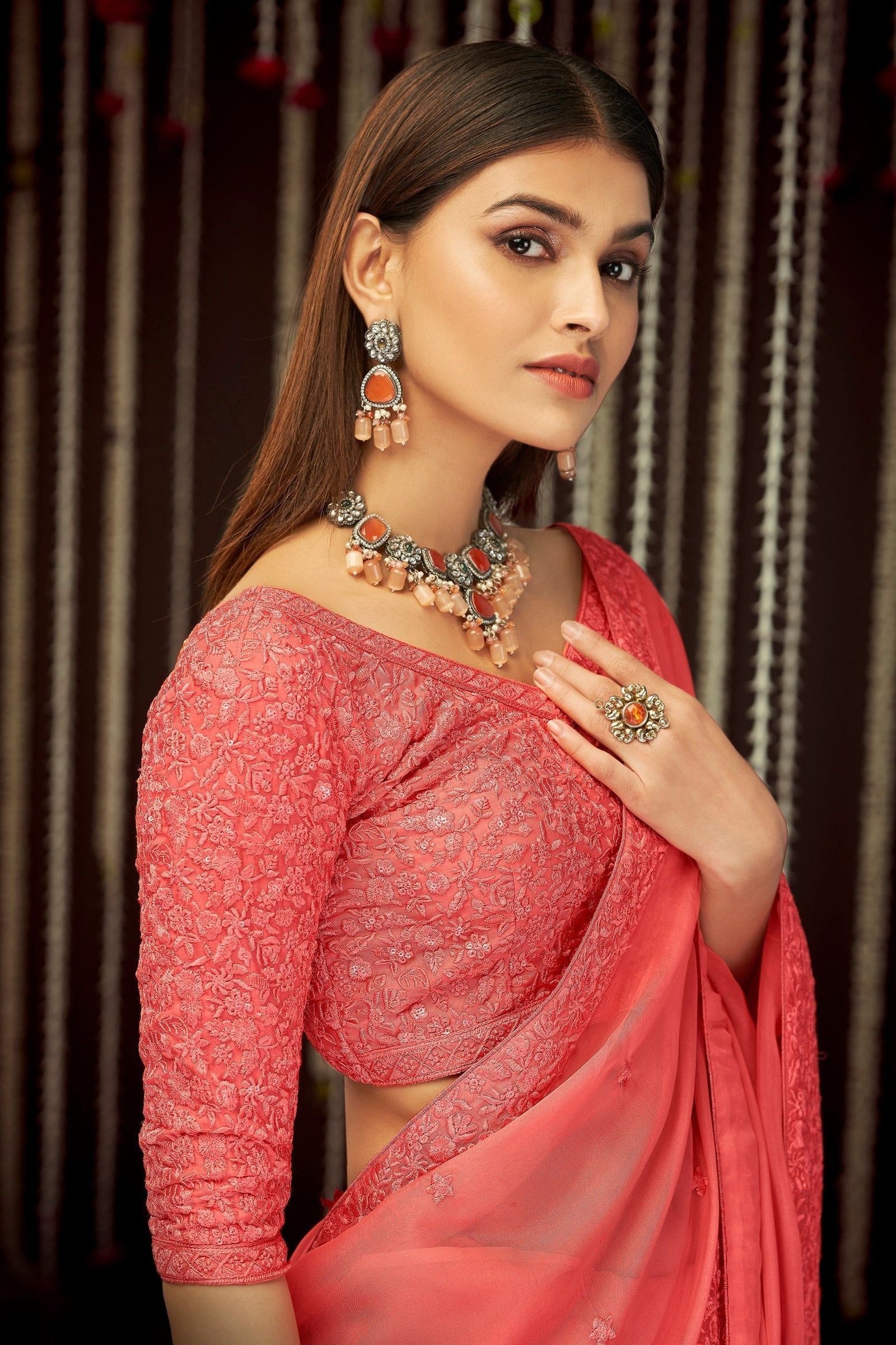 Pink Elegant Georgette Embroidered Saree with Sequins Work – Unstitched Blouse Included ClothsVilla