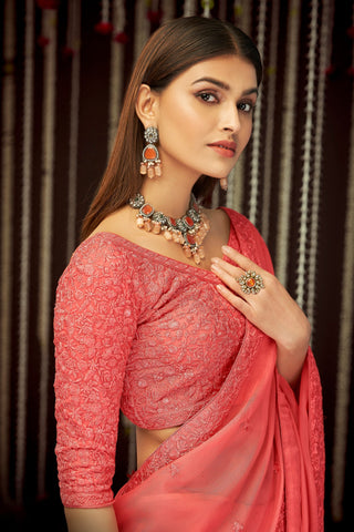 Pink Elegant Georgette Embroidered Saree with Sequins Work – Unstitched Blouse Included ClothsVilla