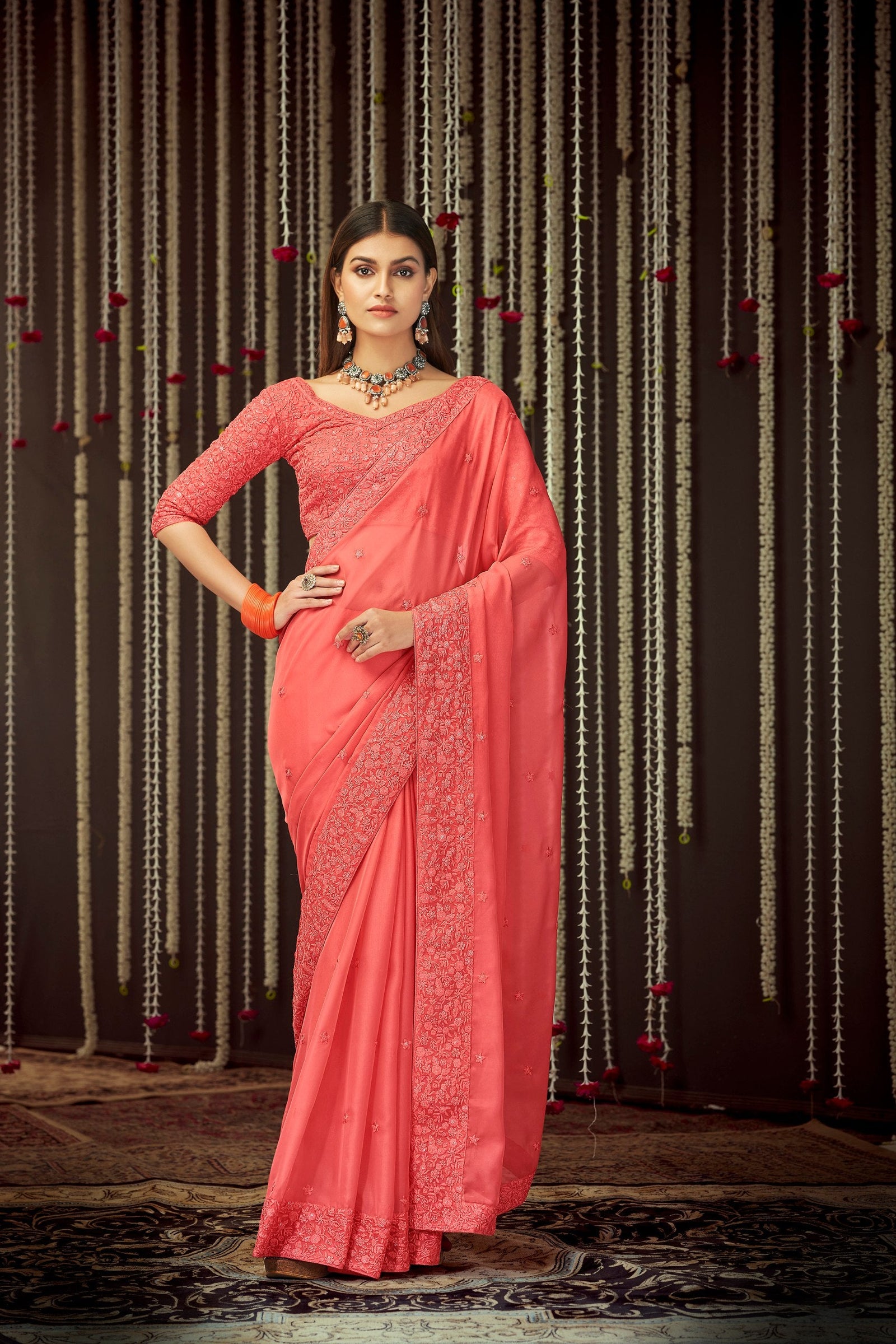 Pink Elegant Georgette Embroidered Saree with Sequins Work – Unstitched Blouse Included ClothsVilla