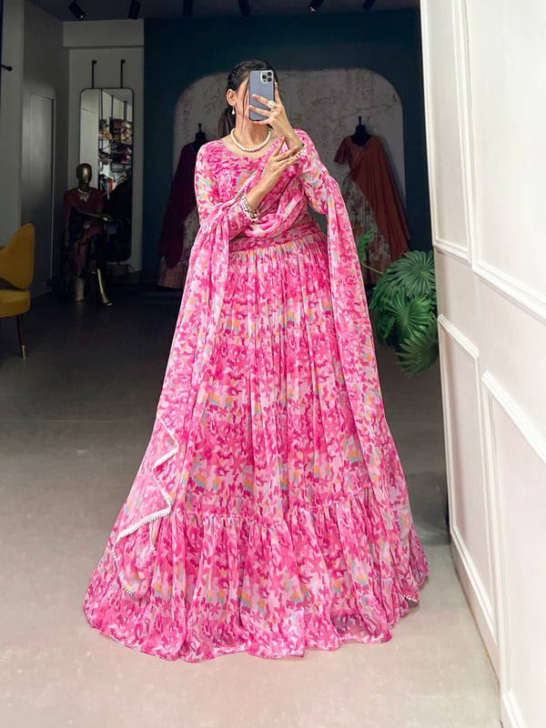 Pink Elegant Georgette Lehenga Set with Printed Design & Lace Touch-Up