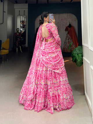 Pink Elegant Georgette Lehenga Set with Printed Design & Lace Touch-Up