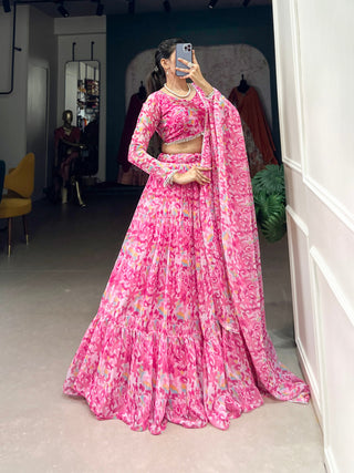 Pink Elegant Georgette Lehenga Set with Printed Design & Lace Touch-Up