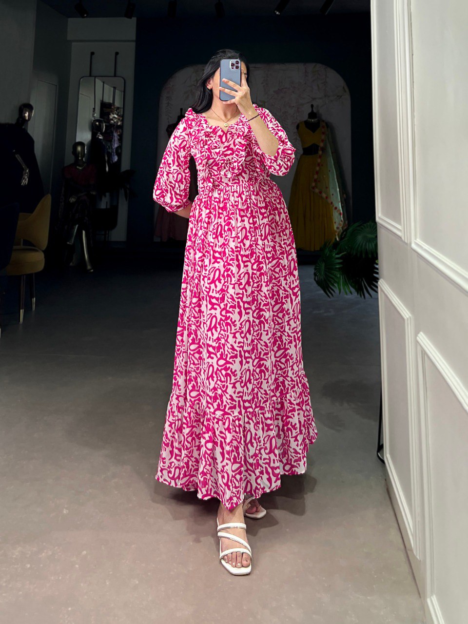 Pink Elegant Georgette Printed Frock – Stitched & Comfortable ClothsVilla